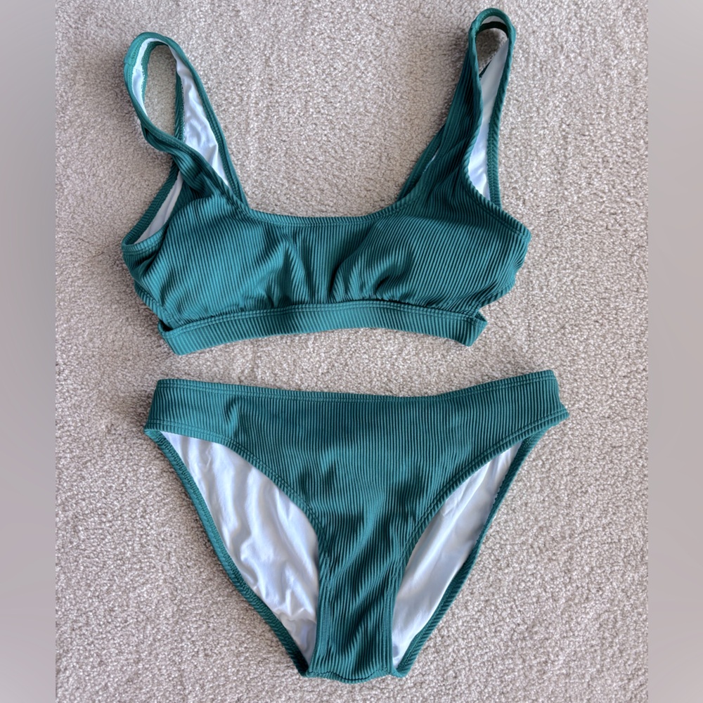 Ribbed Green Bikini Set - Scoop Bralette Top & Mid-Rise Bottom